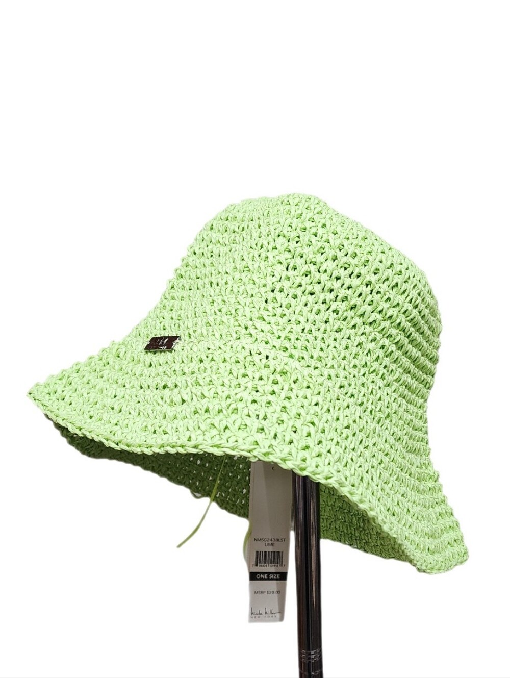 Nicole Miller New York Crochet Straw Bucket Hat Adjustable Strap One Size Lime